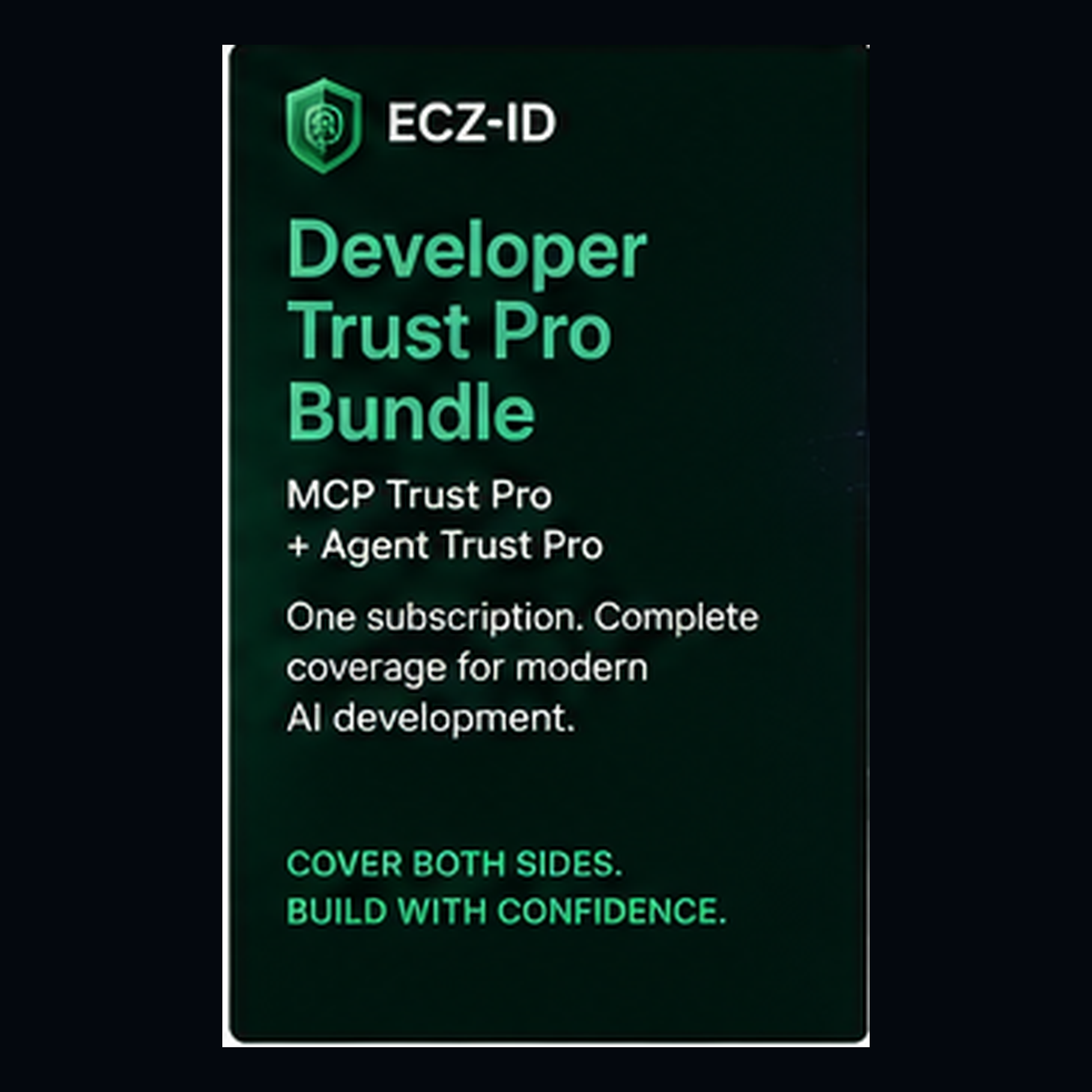A dark green promotional card or cover for the ECZ-ID Developer Trust Pro Bundle, with white and bright green text on a black background. ECZ-ID ECOCITIZENZ 