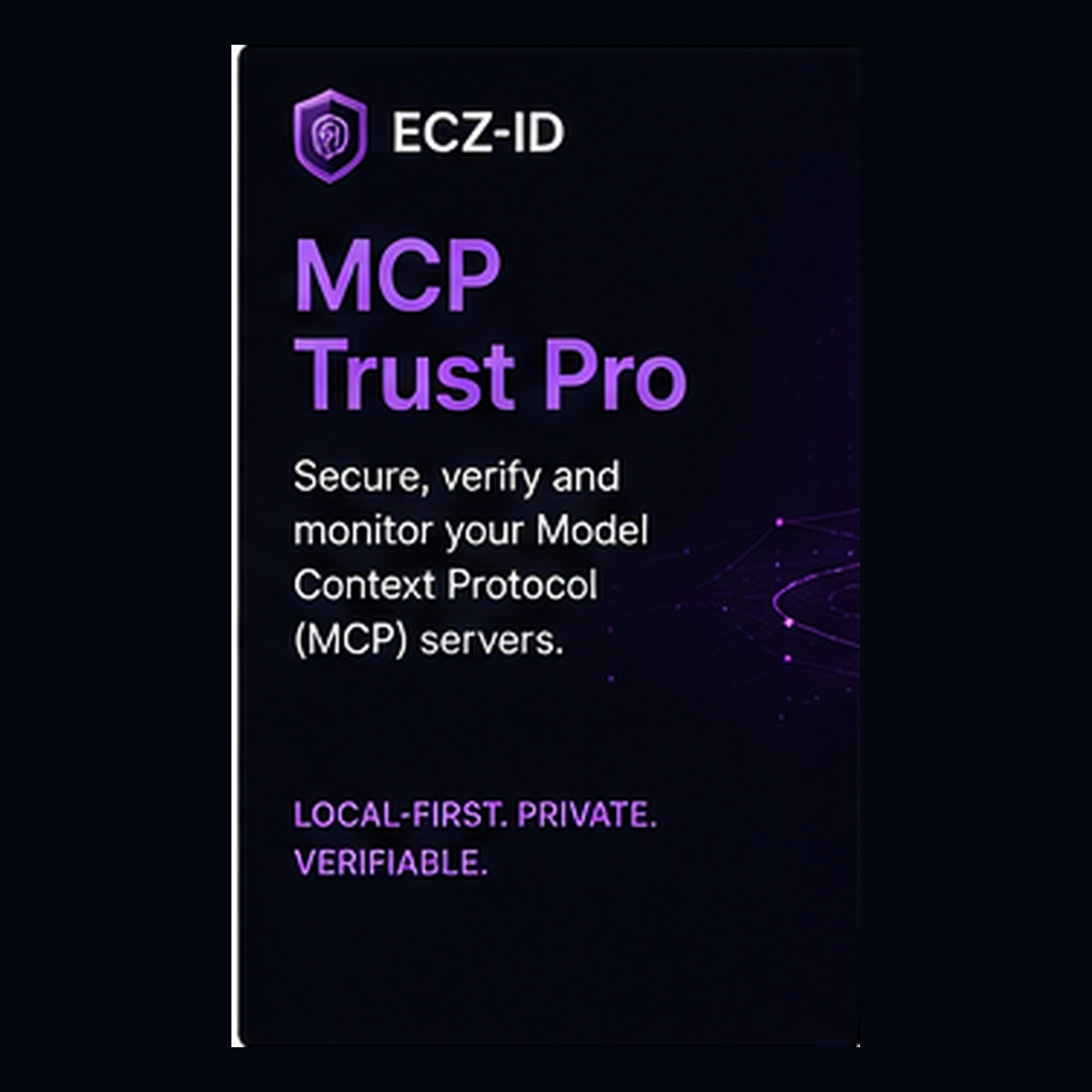 A dark software product card for ECZ-ID MCP Trust Pro, featuring purple and white text on a black background with a subtle network graphic. ECZ-ID ECOCITIZENZ 