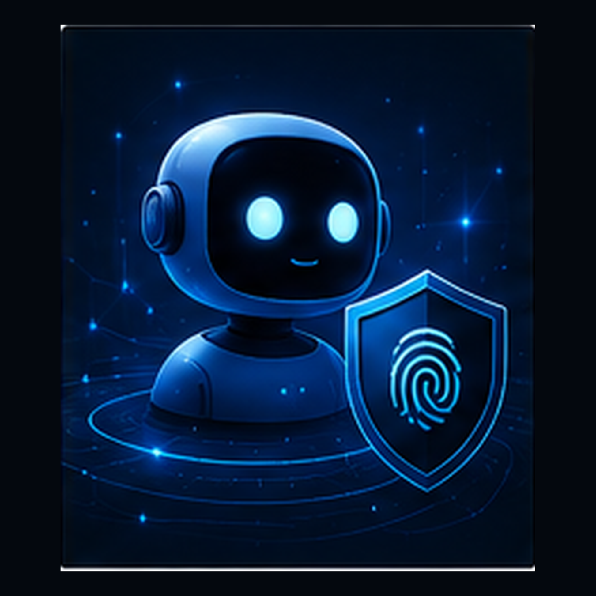 A stylized blue robotic head with glowing eyes beside a blue shield icon featuring a spiral fingerprint, set against a dark blue tech-themed background with light effects. ECZ-ID ECOCITIZENZ 