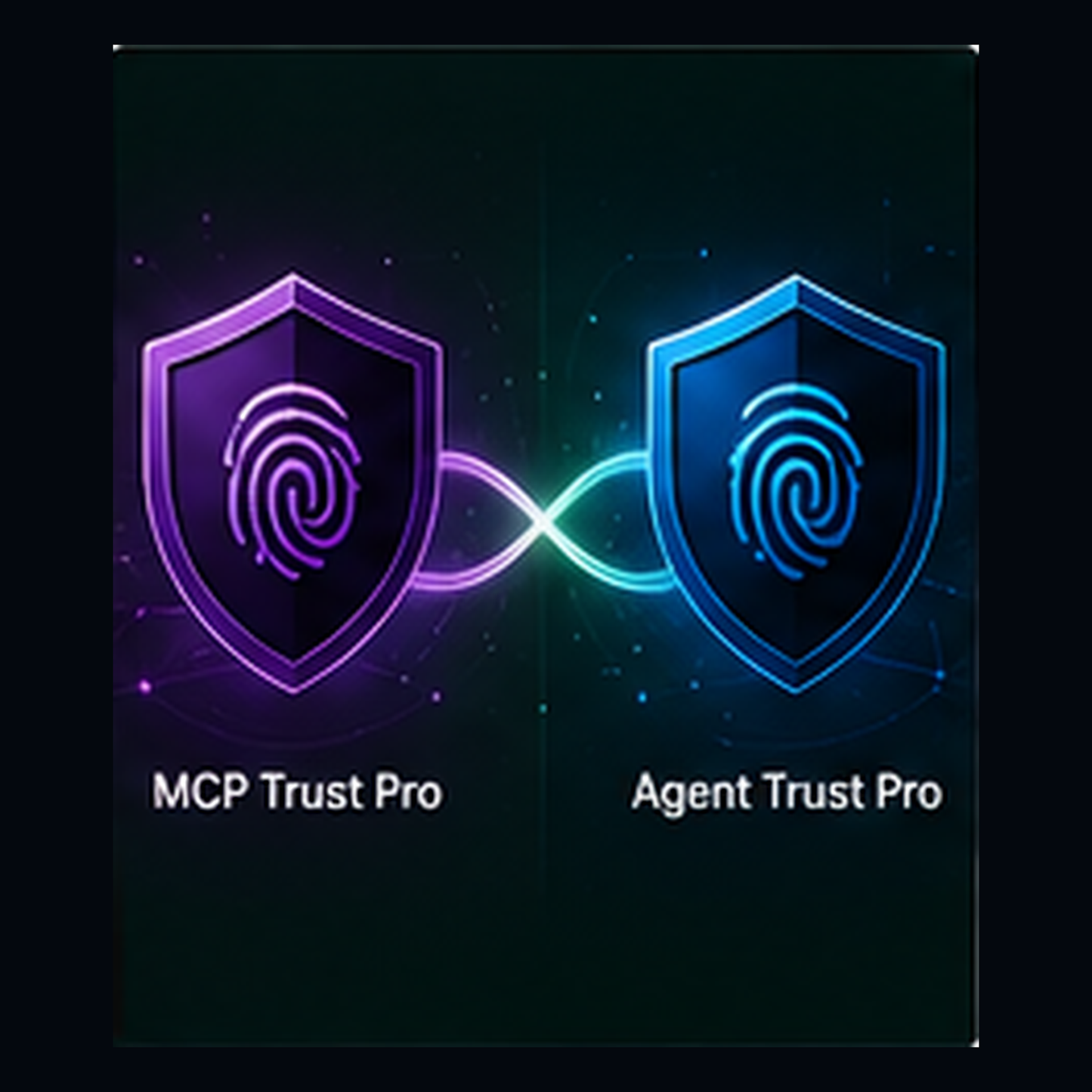 A digital graphic showing two glowing security shield icons with fingerprint symbols, one in purple labeled 'MCP Trust Pro' and one in blue labeled 'Agent Trust Pro,' connected by a cyan infinity symbol on a dark background. ECZ-ID ECOCITIZENZ 