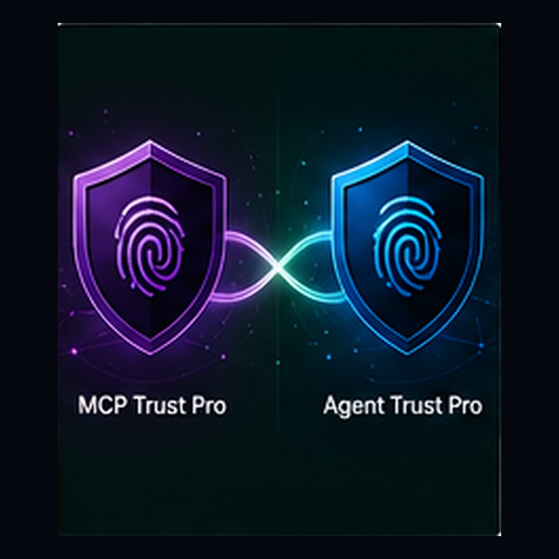 A digital graphic showing two glowing security shield icons with fingerprint symbols, one in purple labeled 'MCP Trust Pro' and one in blue labeled 'Agent Trust Pro,' connected by a cyan infinity symbol on a dark background. ECZ-ID ECOCITIZENZ 