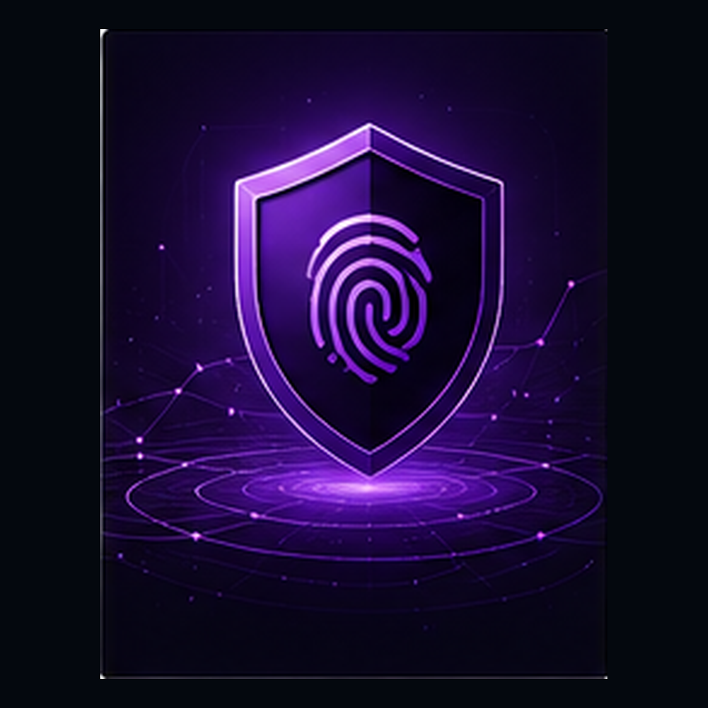 A glowing purple digital shield icon with a fingerprint symbol in the center, set against a dark abstract background with circular light effects and subtle network-like lines. ECZ-ID ECOCITIZENZ 
