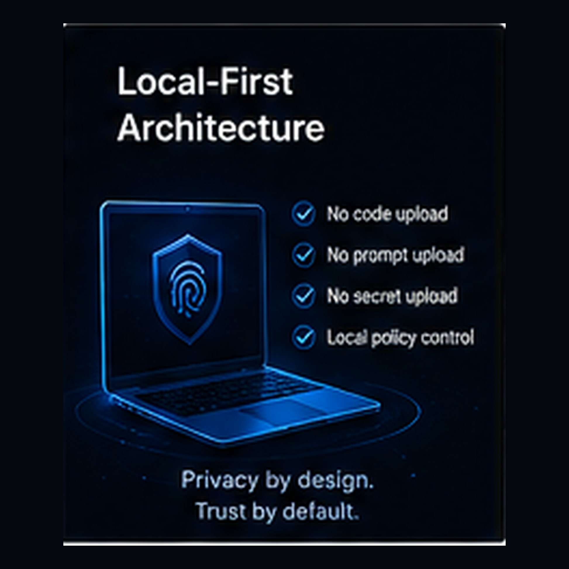 Promotional graphic for a privacy-focused software feature called 'Local-First Architecture' on a dark background. It shows a glowing blue laptop with a fingerprint icon on the screen, alongside a checklist of features: 'No code upload', 'No prompt upload', 'No secret upload', and 'Local policy control'. ECZ-ID ECOCITIZENZ 