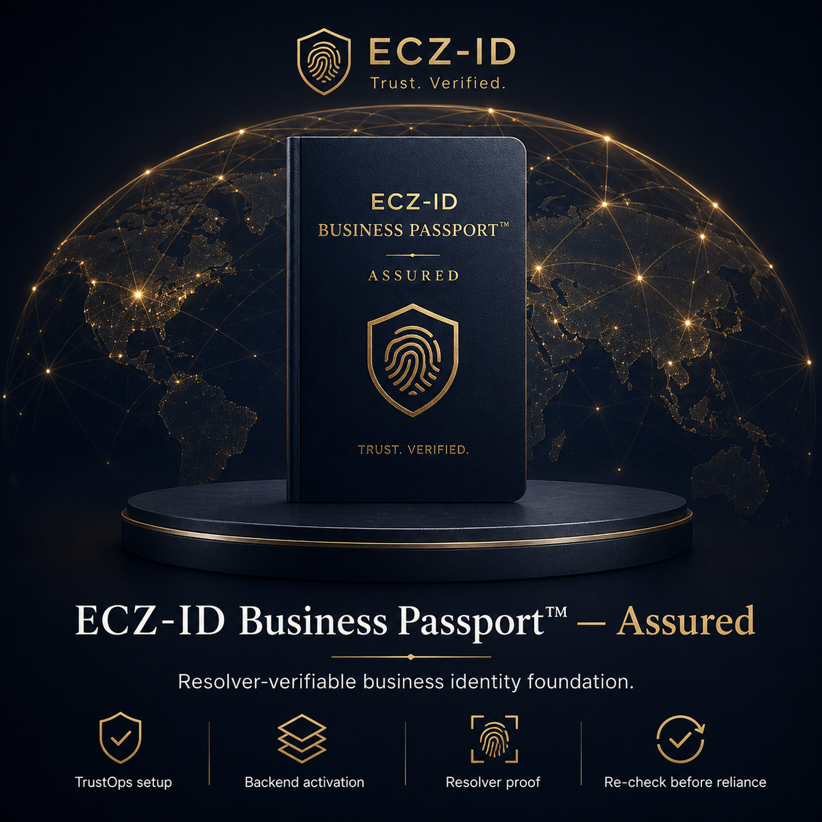 A dark promotional graphic showing a gold ECZ-ID Business Passport standing upright on a round pedestal, with a glowing world map and network lines in the background. Text at the top reads 'ECZ-ID Trust.CZ-ID ECOCITIZENZ