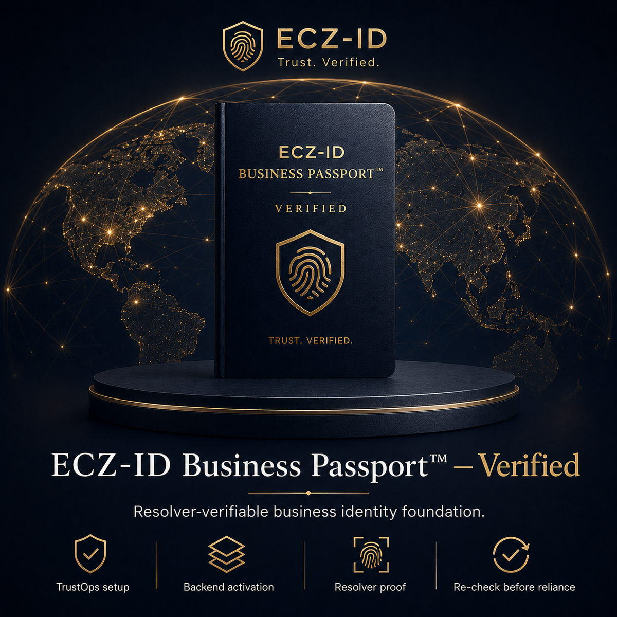 ECZ-ID Business Passport Verified mockup displayed on a dark pedestal with a glowing world map background. The passport is dark navy blue with gold text and a gold shield fingerprint logo. ECZ-ID ECOCITIZENZ