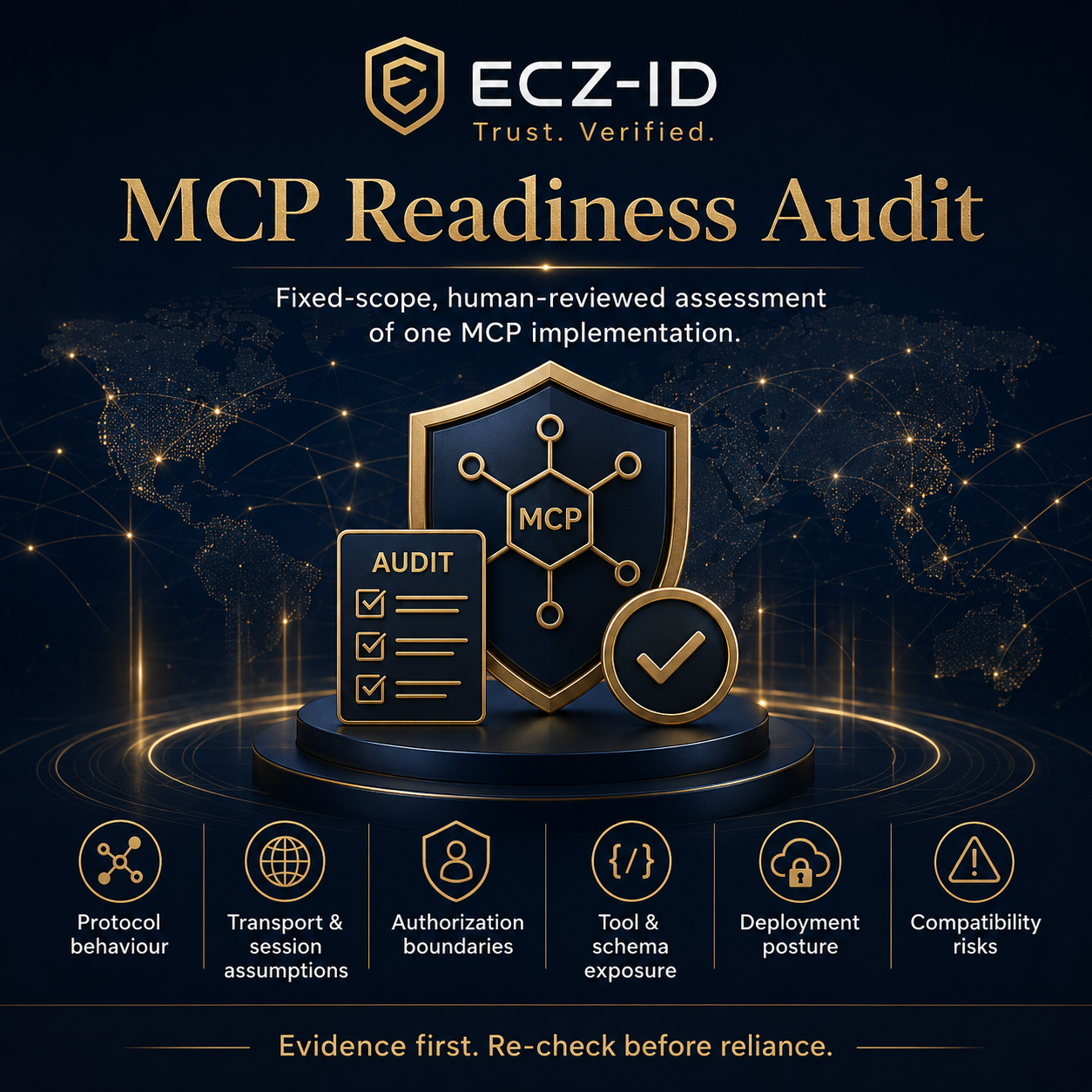 Promotional graphic for ECZ-ID MCP Readiness Audit, featuring a dark navy background with gold text, a central shield and checklist icon, and a row of feature icons for protocol behaviour, transport and session assumptions, authorization boundaries, tool & schema exposure, deployment posture, and compatibility risks. ECZ-ID ECOCITIZENZ