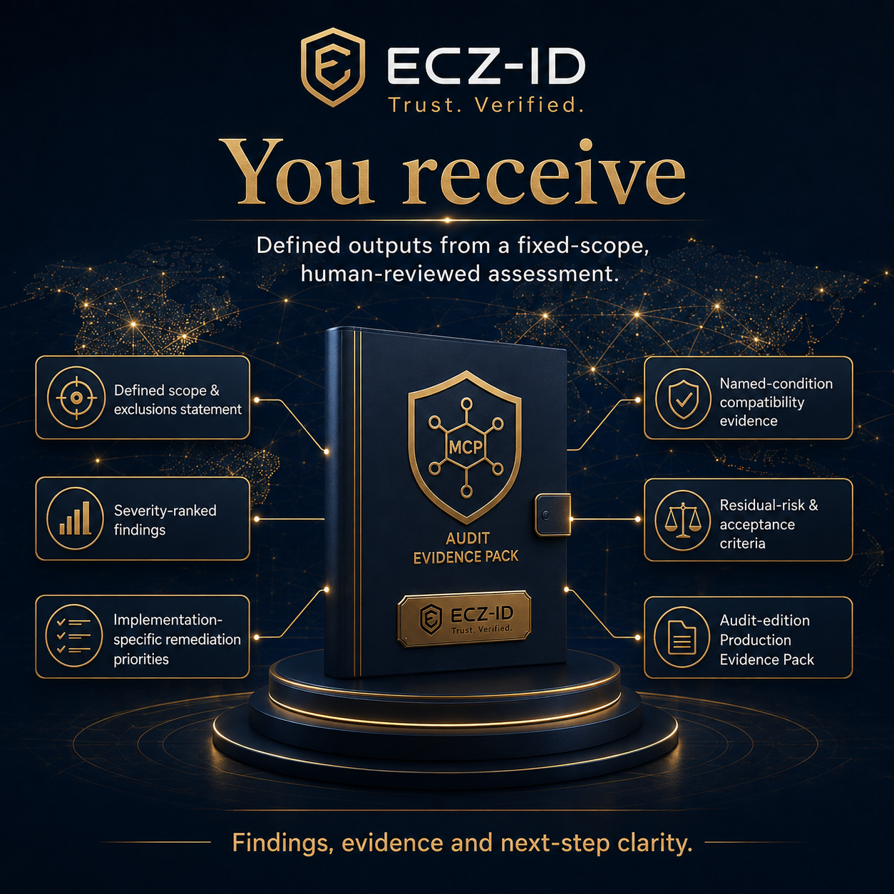 Promotional graphic for the ECZ-ID Audit Evidence Pack, showing a dark blue book-style product centered on a glowing pedestal against a dark navy background with gold text and icons describing included deliverables. ECZ-ID ECOCITIZENZ