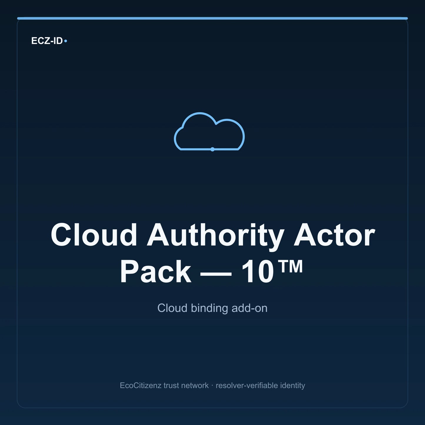 ECZ-ID product image for “Cloud Authority Actor Pack — 10™” (SKU ECZ-ADDON-CLOUD-AUTHORITY-ACTOR-10). Cloud binding add-on. Shows the ECZ-ID wordmark and an abstract cloud addons family symbol on a dark EcoCitizenz background.