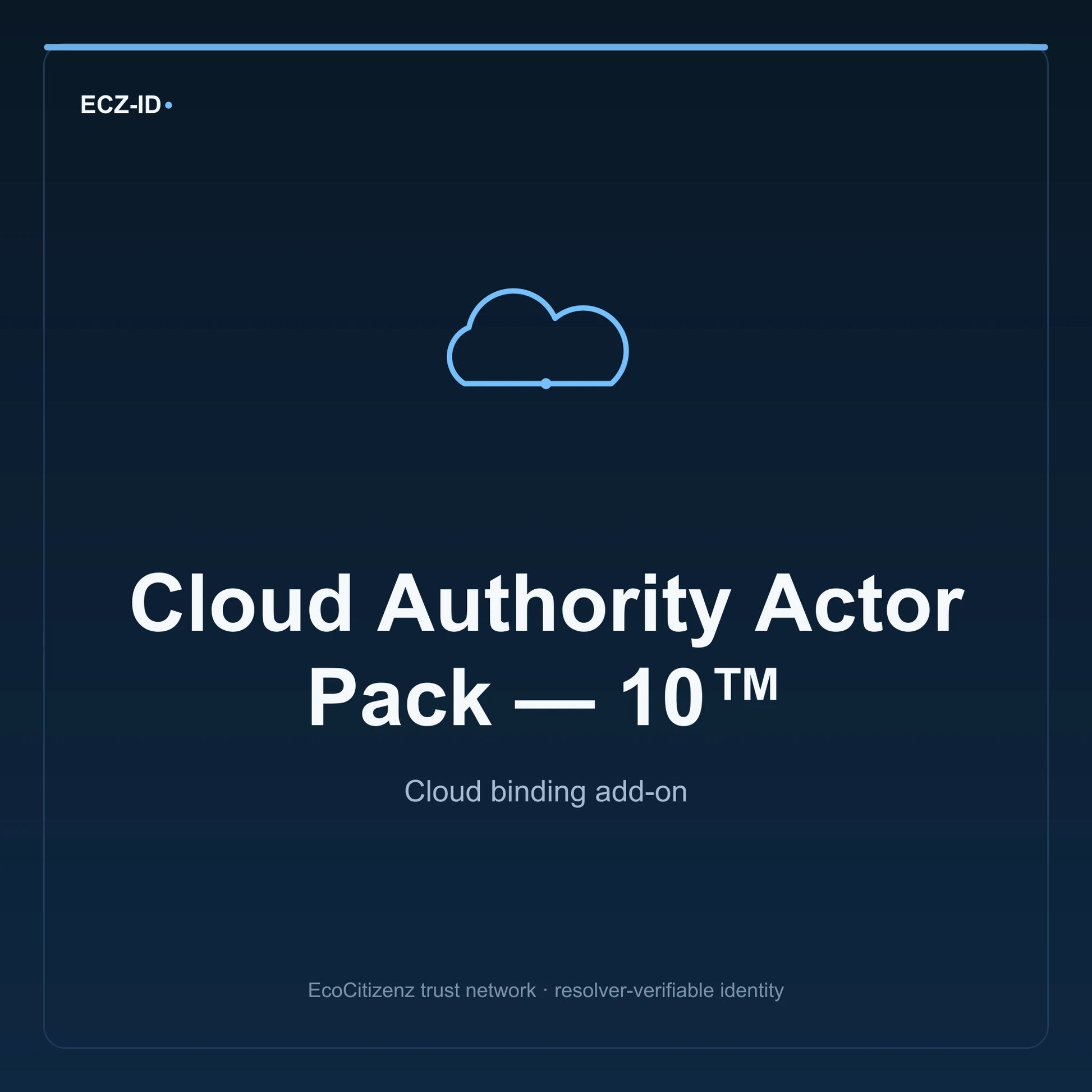 ECZ-ID product image for “Cloud Authority Actor Pack — 10™” (SKU ECZ-ADDON-CLOUD-AUTHORITY-ACTOR-10). Cloud binding add-on. Shows the ECZ-ID wordmark and an abstract cloud addons family symbol on a dark EcoCitizenz background.