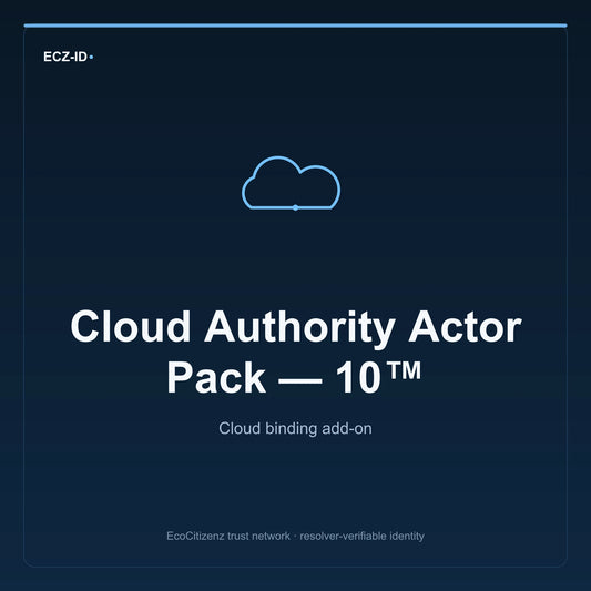 ECZ-ID product image for “Cloud Authority Actor Pack — 10™” (SKU ECZ-ADDON-CLOUD-AUTHORITY-ACTOR-10). Cloud binding add-on. Shows the ECZ-ID wordmark and an abstract cloud addons family symbol on a dark EcoCitizenz background.