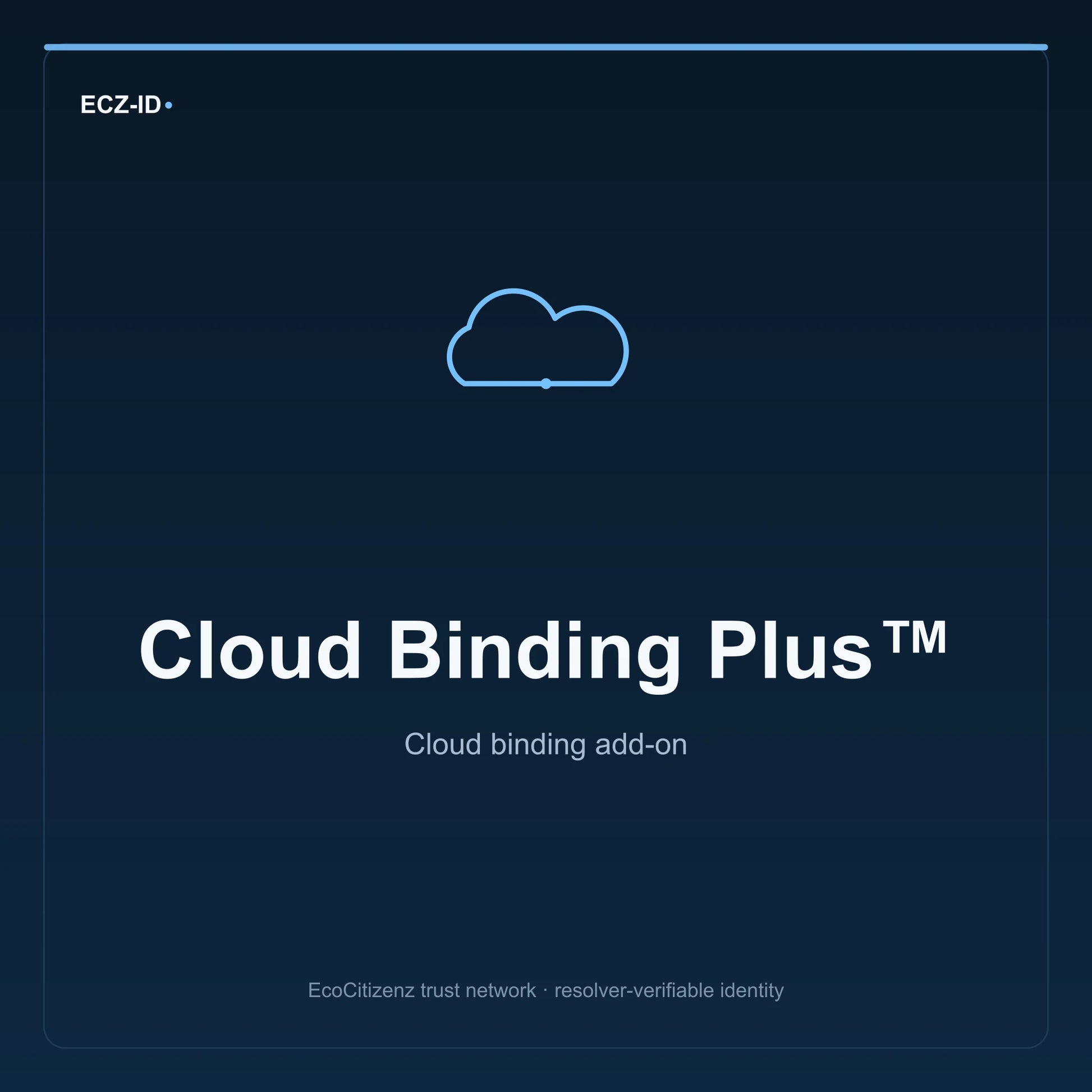 ECZ-ID product image for “Cloud Binding Plus™” (SKU ECZ-ADDON-CLOUD-BINDING-PLUS). Cloud binding add-on. Shows the ECZ-ID wordmark and an abstract cloud addons family symbol on a dark EcoCitizenz background.