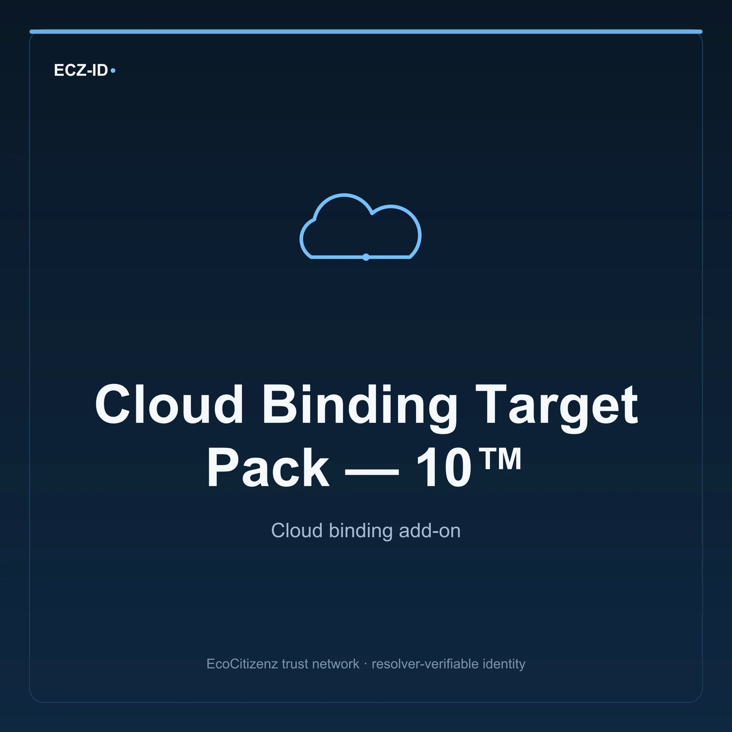 ECZ-ID product image for “Cloud Binding Target Pack — 10™” (SKU ECZ-ADDON-CLOUD-BINDING-TARGET-10). Cloud binding add-on. Shows the ECZ-ID wordmark and an abstract cloud addons family symbol on a dark EcoCitizenz background.