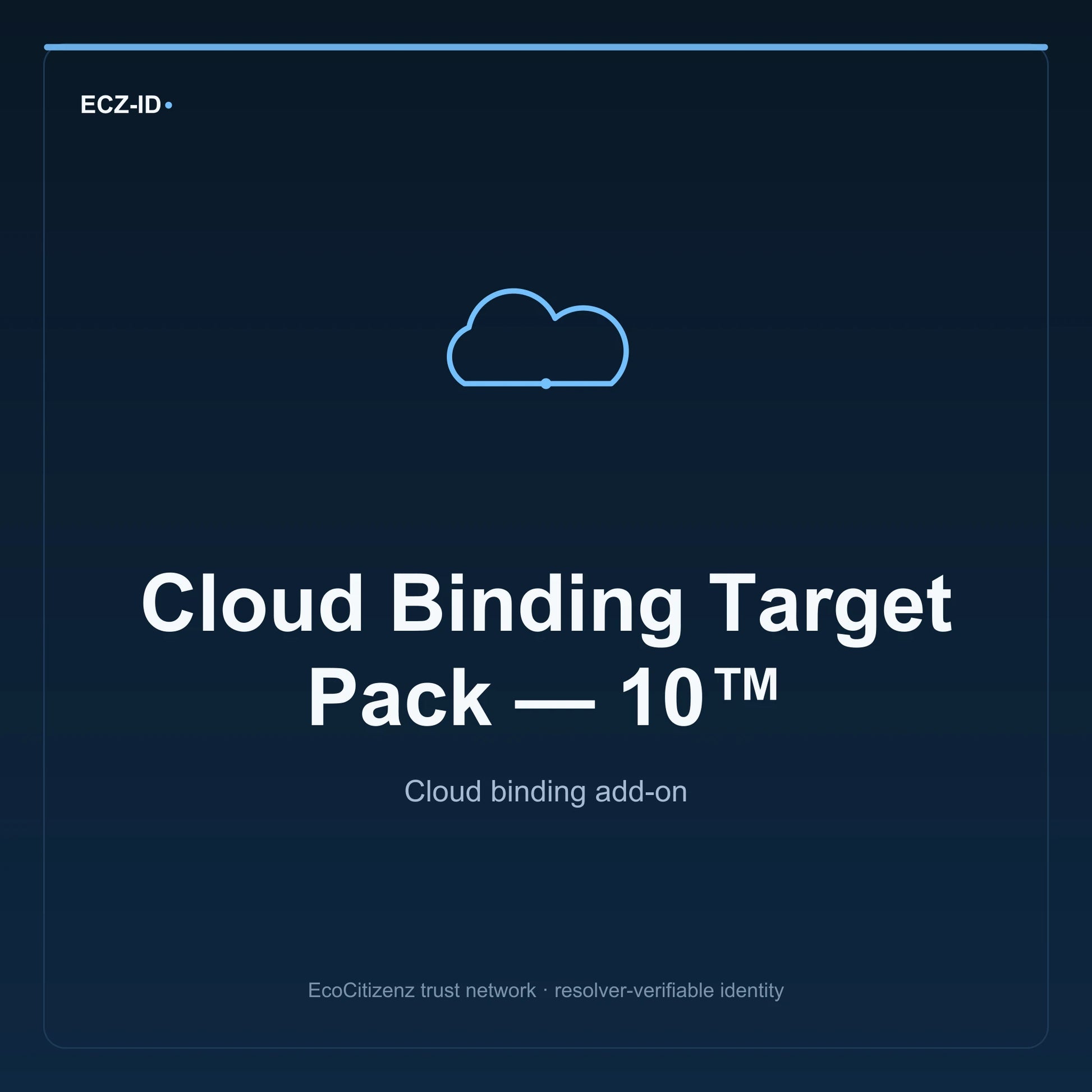 ECZ-ID product image for “Cloud Binding Target Pack — 10™” (SKU ECZ-ADDON-CLOUD-BINDING-TARGET-10). Cloud binding add-on. Shows the ECZ-ID wordmark and an abstract cloud addons family symbol on a dark EcoCitizenz background.