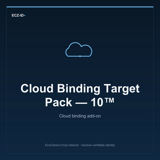 ECZ-ID product image for “Cloud Binding Target Pack — 10™” (SKU ECZ-ADDON-CLOUD-BINDING-TARGET-10). Cloud binding add-on. Shows the ECZ-ID wordmark and an abstract cloud addons family symbol on a dark EcoCitizenz background.