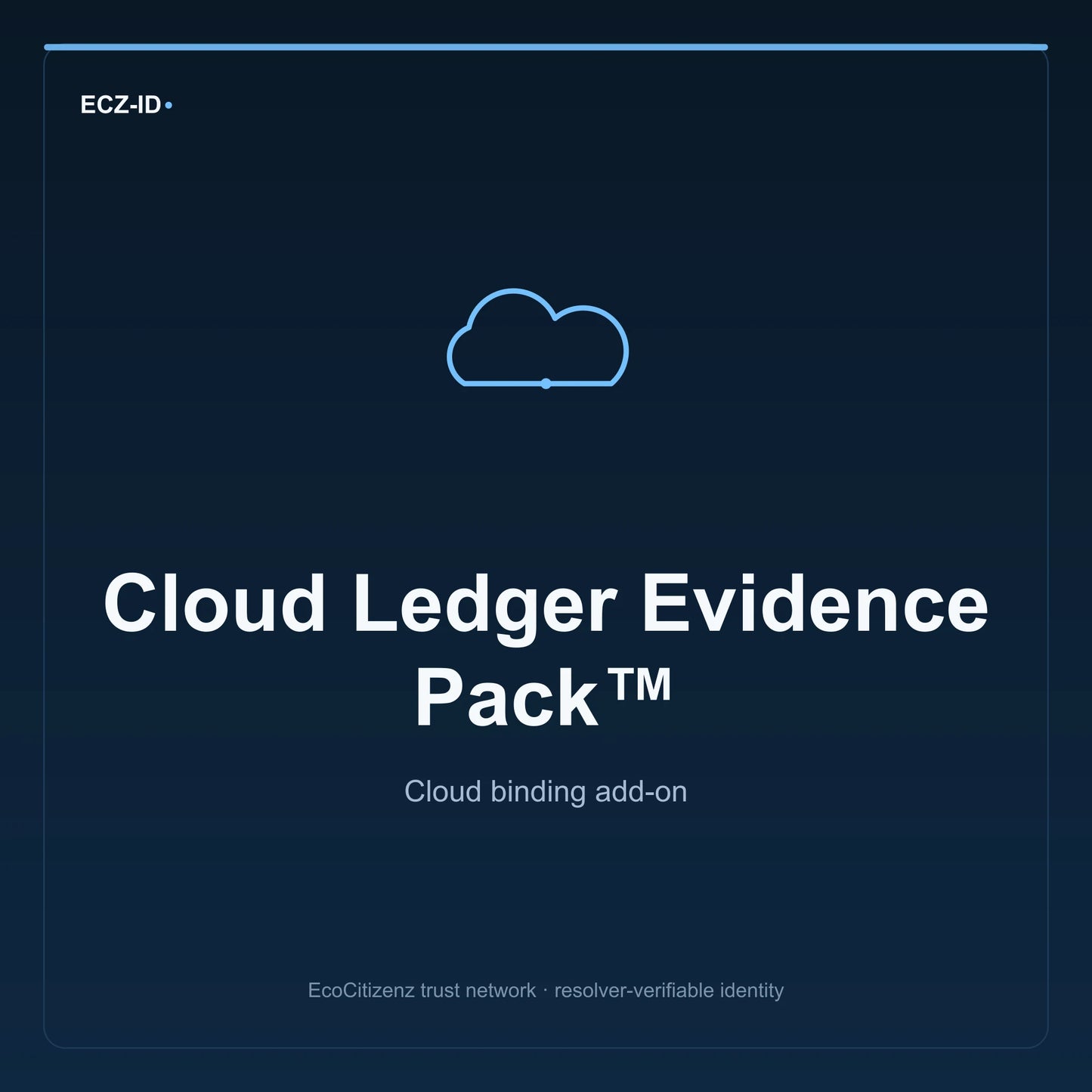 ECZ-ID product image for “Cloud Ledger Evidence Pack™” (SKU ECZ-ADDON-CLOUD-LEDGER-EVIDENCE). Cloud binding add-on. Shows the ECZ-ID wordmark and an abstract cloud addons family symbol on a dark EcoCitizenz background.