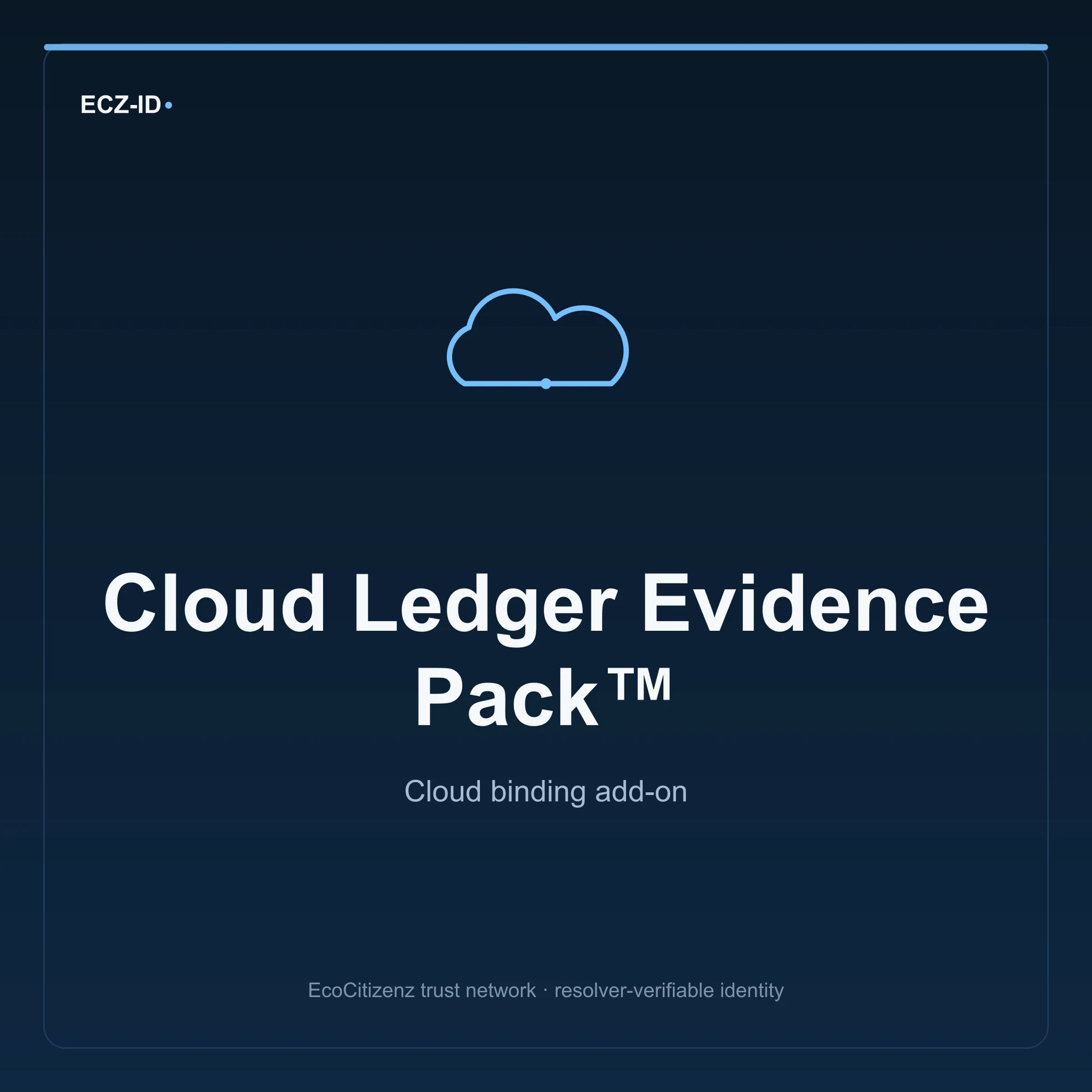 ECZ-ID product image for “Cloud Ledger Evidence Pack™” (SKU ECZ-ADDON-CLOUD-LEDGER-EVIDENCE). Cloud binding add-on. Shows the ECZ-ID wordmark and an abstract cloud addons family symbol on a dark EcoCitizenz background.