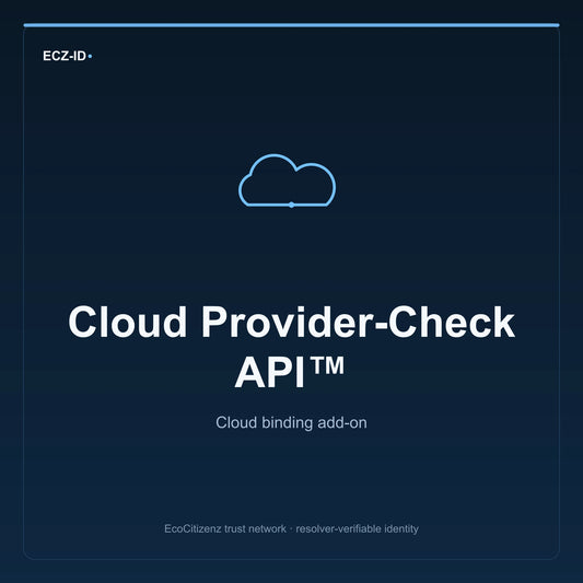 ECZ-ID product image for “Cloud Provider-Check API™” (SKU ECZ-ADDON-CLOUD-PROVIDER-CHECK-API). Cloud binding add-on. Shows the ECZ-ID wordmark and an abstract cloud addons family symbol on a dark EcoCitizenz background.