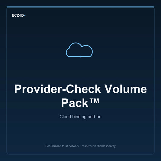 ECZ-ID product image for “Provider-Check Volume Pack™” (SKU ECZ-ADDON-CLOUD-PROVIDER-CHECK-VOLUME). Cloud binding add-on. Shows the ECZ-ID wordmark and an abstract cloud addons family symbol on a dark EcoCitizenz background.