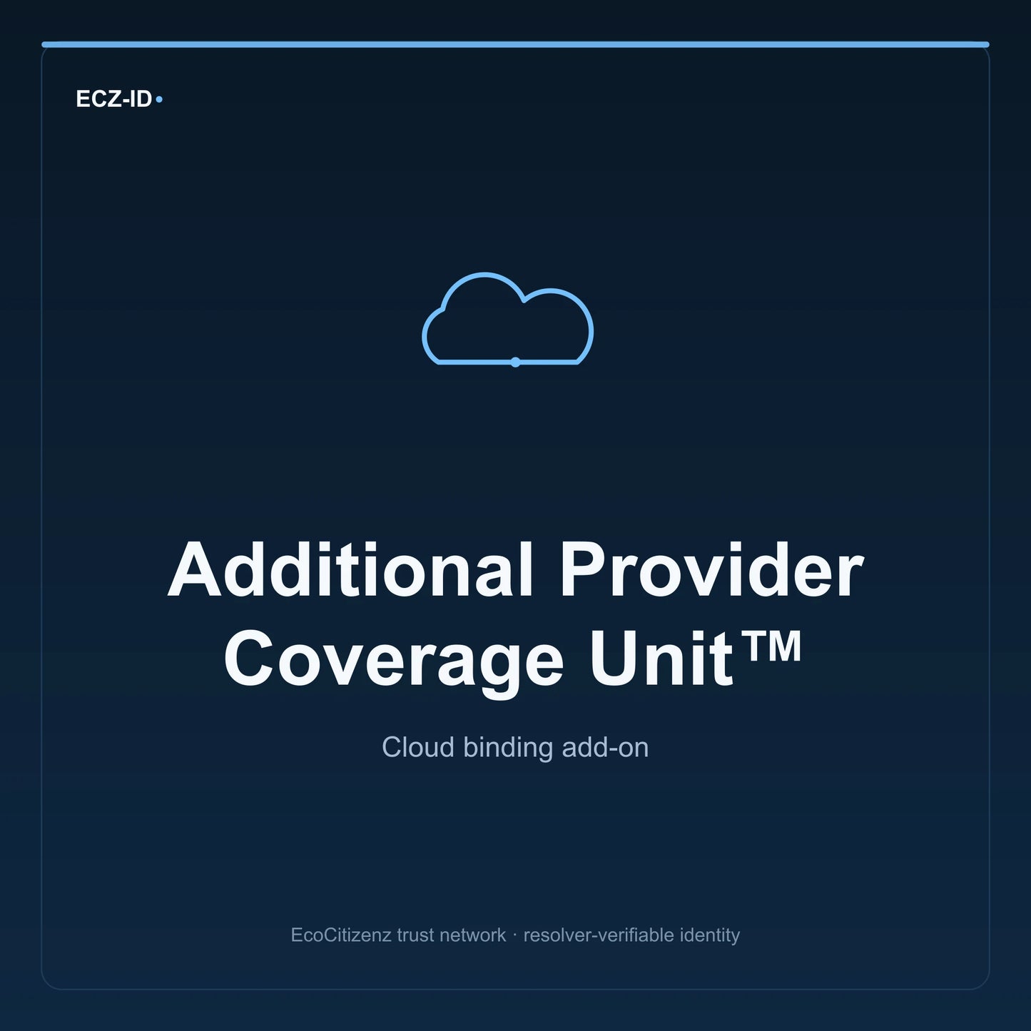 ECZ-ID product image for “Additional Provider Coverage Unit™” (SKU ECZ-ADDON-CLOUD-PROVIDER-COVERAGE-UNIT). Cloud binding add-on. Shows the ECZ-ID wordmark and an abstract cloud addons family symbol on a dark EcoCitizenz background.