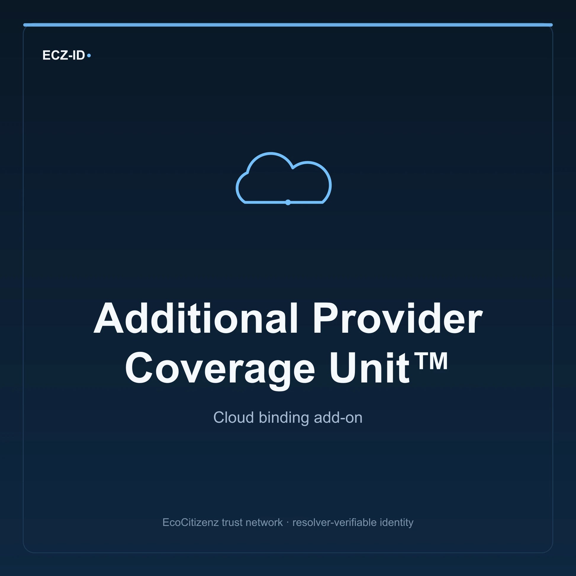 ECZ-ID product image for “Additional Provider Coverage Unit™” (SKU ECZ-ADDON-CLOUD-PROVIDER-COVERAGE-UNIT). Cloud binding add-on. Shows the ECZ-ID wordmark and an abstract cloud addons family symbol on a dark EcoCitizenz background.