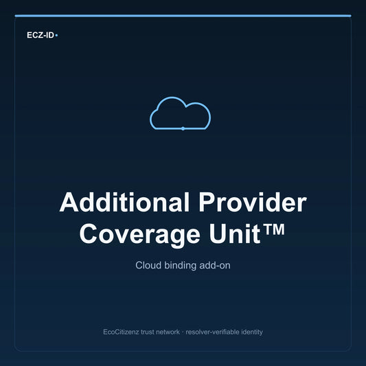 ECZ-ID product image for “Additional Provider Coverage Unit™” (SKU ECZ-ADDON-CLOUD-PROVIDER-COVERAGE-UNIT). Cloud binding add-on. Shows the ECZ-ID wordmark and an abstract cloud addons family symbol on a dark EcoCitizenz background.