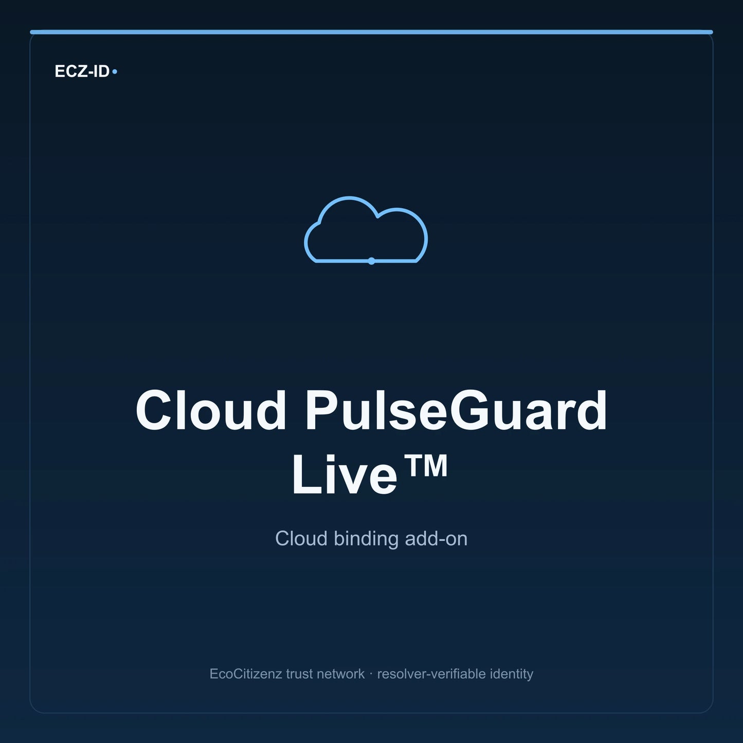 ECZ-ID product image for “Cloud PulseGuard Live™” (SKU ECZ-ADDON-CLOUD-PULSEGUARD-LIVE). Cloud binding add-on. Shows the ECZ-ID wordmark and an abstract cloud addons family symbol on a dark EcoCitizenz background.
