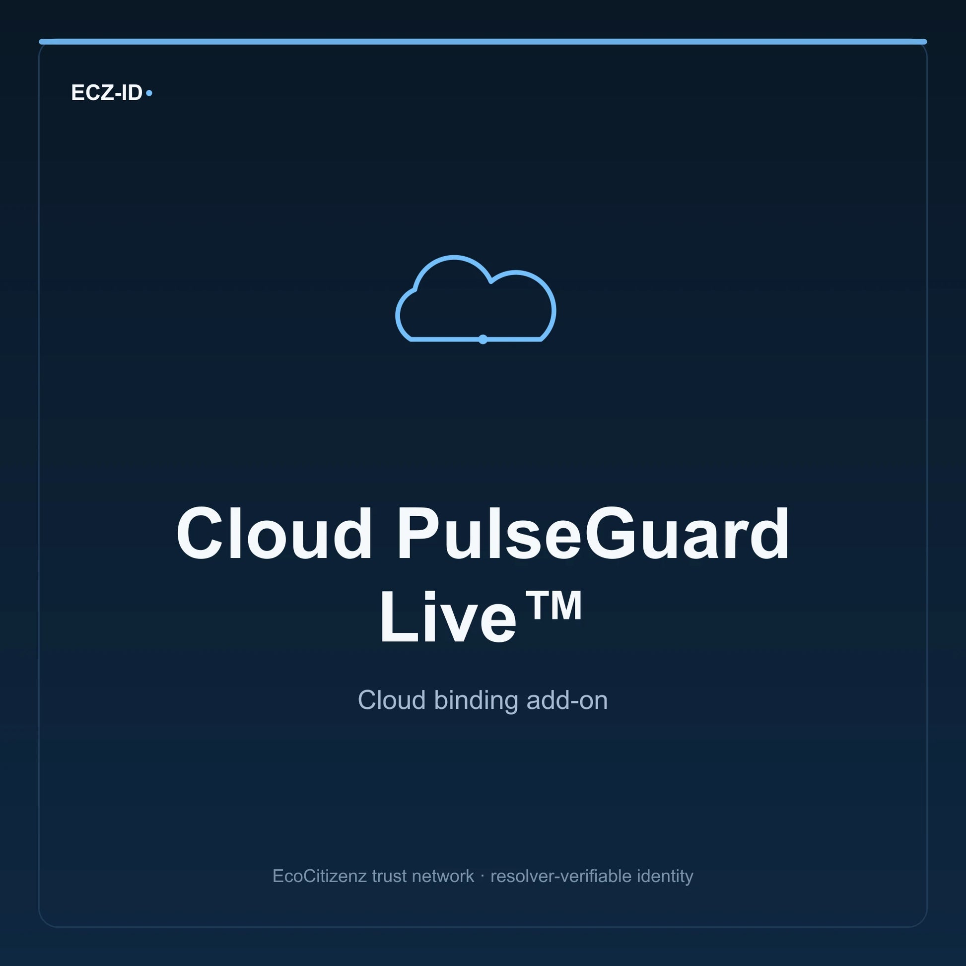 ECZ-ID product image for “Cloud PulseGuard Live™” (SKU ECZ-ADDON-CLOUD-PULSEGUARD-LIVE). Cloud binding add-on. Shows the ECZ-ID wordmark and an abstract cloud addons family symbol on a dark EcoCitizenz background.
