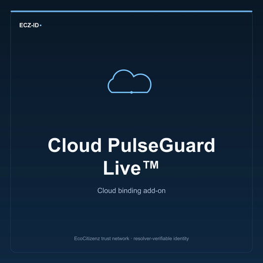 ECZ-ID product image for “Cloud PulseGuard Live™” (SKU ECZ-ADDON-CLOUD-PULSEGUARD-LIVE). Cloud binding add-on. Shows the ECZ-ID wordmark and an abstract cloud addons family symbol on a dark EcoCitizenz background.