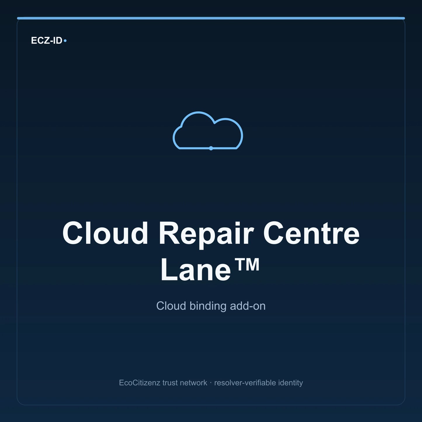 ECZ-ID product image for “Cloud Repair Centre Lane™” (SKU ECZ-ADDON-CLOUD-REPAIR-CENTRE-LANE). Cloud binding add-on. Shows the ECZ-ID wordmark and an abstract cloud addons family symbol on a dark EcoCitizenz background.
