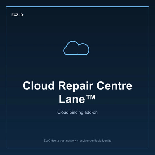 ECZ-ID product image for “Cloud Repair Centre Lane™” (SKU ECZ-ADDON-CLOUD-REPAIR-CENTRE-LANE). Cloud binding add-on. Shows the ECZ-ID wordmark and an abstract cloud addons family symbol on a dark EcoCitizenz background.