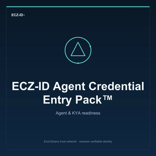 ECZ-ID product image for “ECZ-ID Agent Credential Entry Pack™” (SKU ECZ-BUNDLE-AGENT-CREDENTIAL-ENTRY). Agent & KYA readiness. Shows the ECZ-ID wordmark and an abstract agent kya family symbol on a dark EcoCitizenz background.