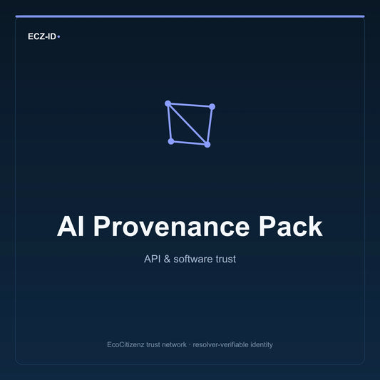 ECZ-ID product image for “AI Provenance Pack” (SKU ECZ-BUNDLE-AI-PROVENANCE). API & software trust. Shows the ECZ-ID wordmark and an abstract api software family symbol on a dark EcoCitizenz background.