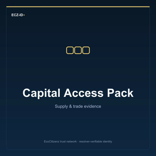ECZ-ID product image for “Capital Access Pack” (SKU ECZ-BUNDLE-CAPITAL-ACCESS). Supply & trade evidence. Shows the ECZ-ID wordmark and an abstract supply evidence family symbol on a dark EcoCitizenz background.