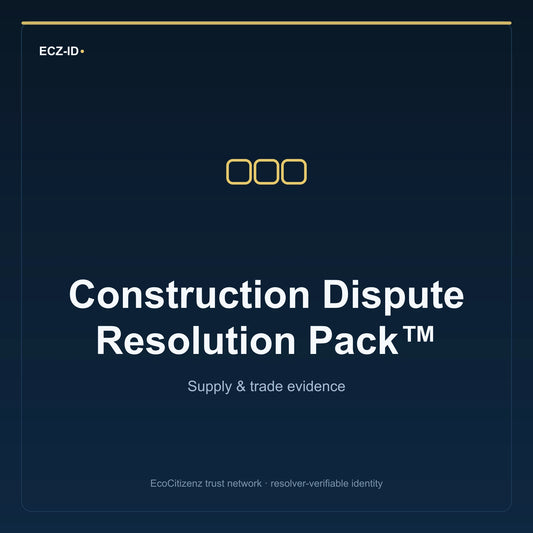 ECZ-ID product image for “Construction Dispute Resolution Pack™” (SKU ECZ-BUNDLE-CONSTRUCTION-DISPUTE-RESOLUTION). Supply & trade evidence. Shows the ECZ-ID wordmark and an abstract supply evidence family symbol on a dark EcoCitizenz background.
