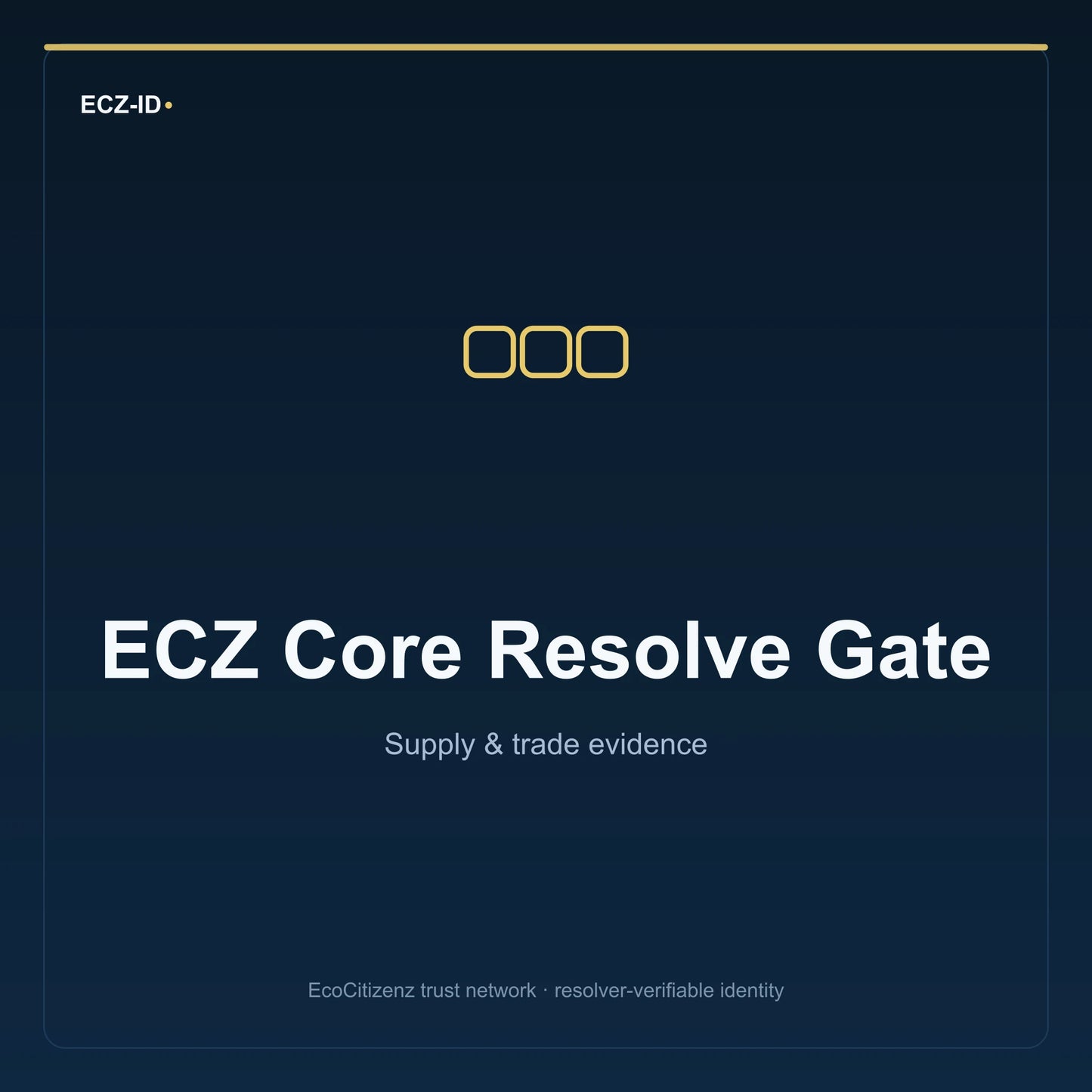 ECZ-ID product image for “ECZ Core Resolve Gate” (SKU ECZ-BUNDLE-CORE-RESOLVE). Supply & trade evidence. Shows the ECZ-ID wordmark and an abstract supply evidence family symbol on a dark EcoCitizenz background.