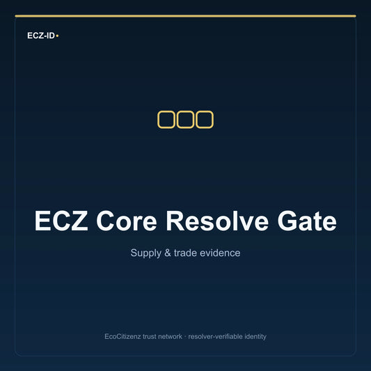 ECZ-ID product image for “ECZ Core Resolve Gate” (SKU ECZ-BUNDLE-CORE-RESOLVE). Supply & trade evidence. Shows the ECZ-ID wordmark and an abstract supply evidence family symbol on a dark EcoCitizenz background.