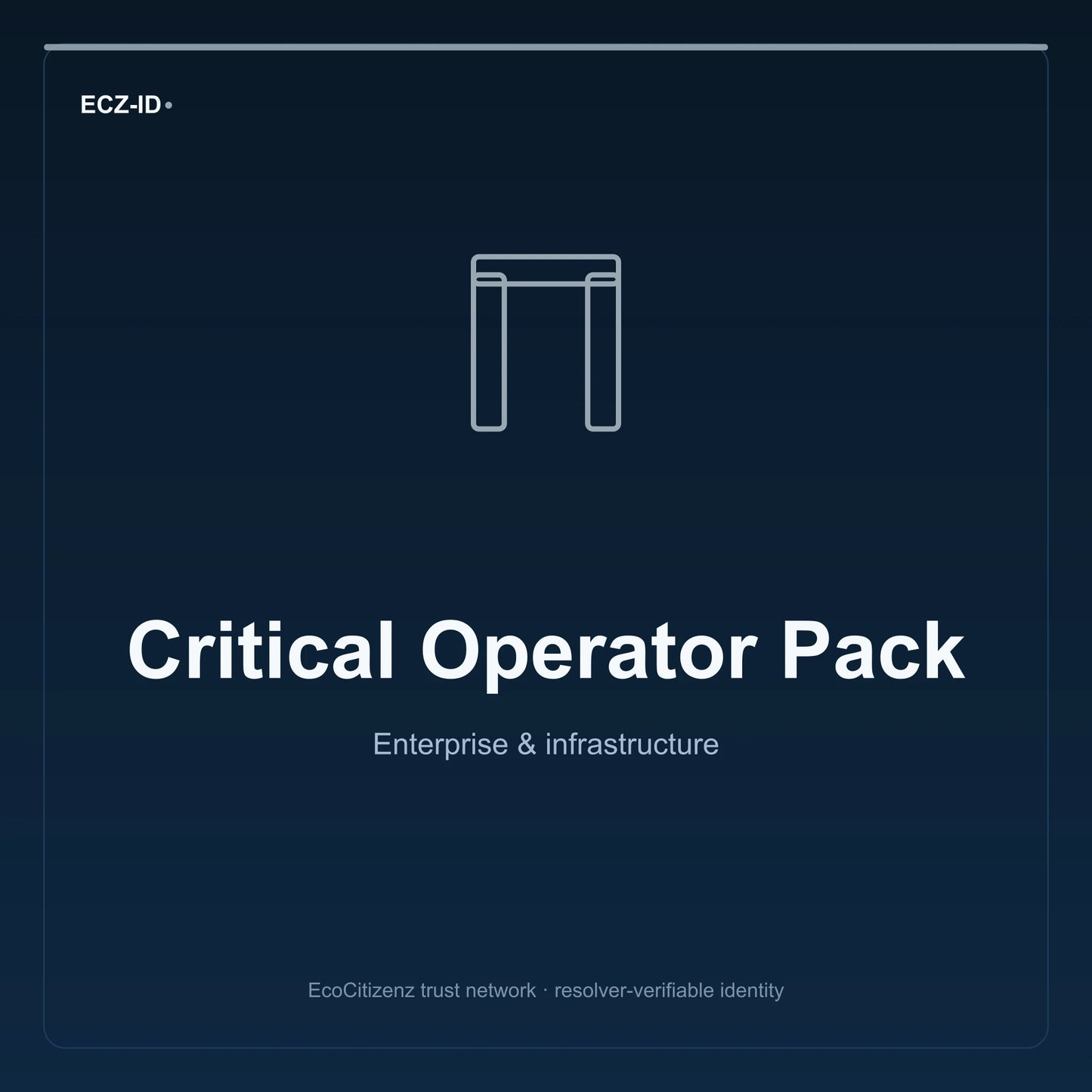 ECZ-ID product image for “Critical Operator Pack” (SKU ECZ-BUNDLE-CRITICAL-OPERATOR). Enterprise & infrastructure. Shows the ECZ-ID wordmark and an abstract enterprise corridor family symbol on a dark EcoCitizenz background.