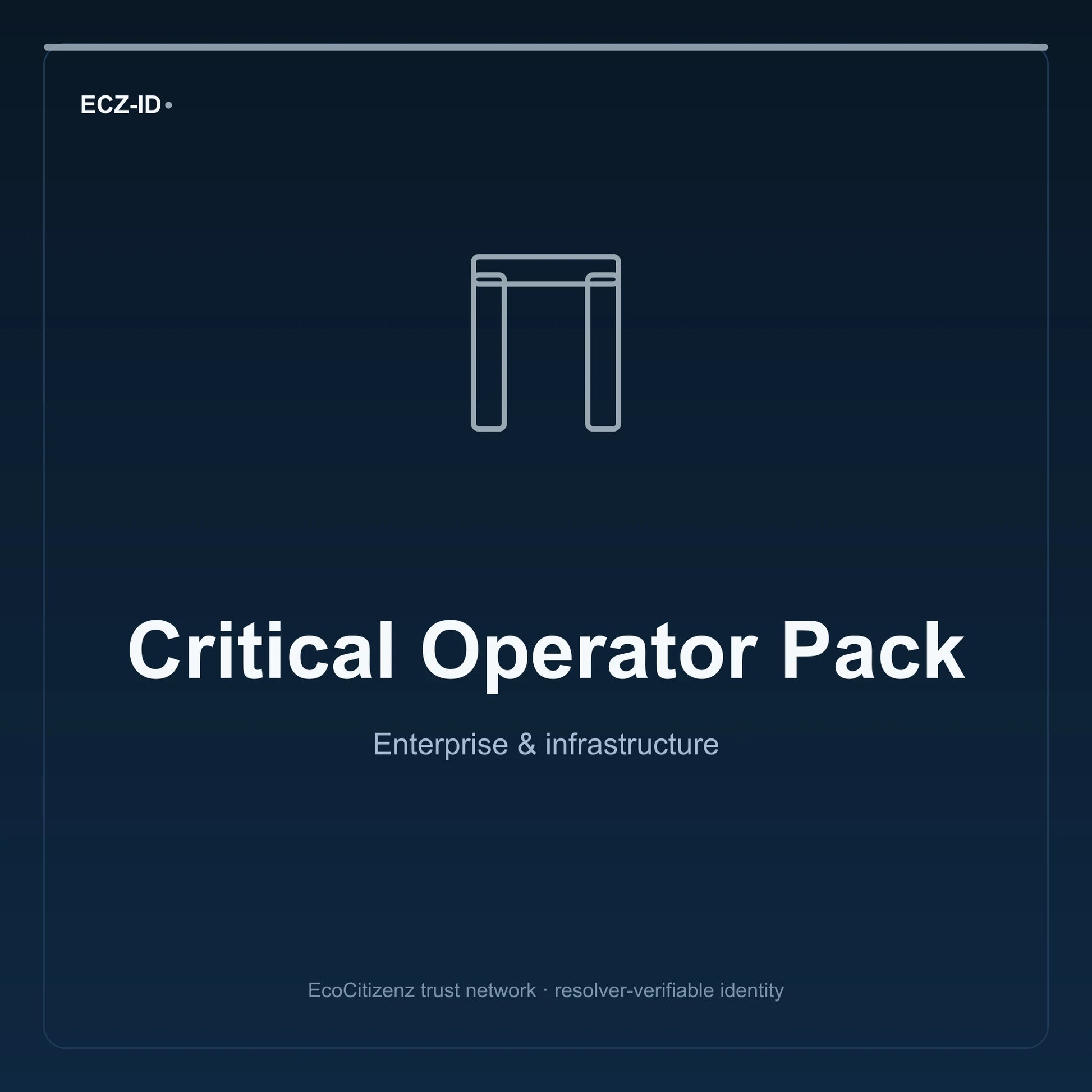 ECZ-ID product image for “Critical Operator Pack” (SKU ECZ-BUNDLE-CRITICAL-OPERATOR). Enterprise & infrastructure. Shows the ECZ-ID wordmark and an abstract enterprise corridor family symbol on a dark EcoCitizenz background.