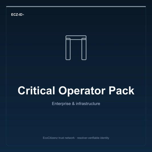 ECZ-ID product image for “Critical Operator Pack” (SKU ECZ-BUNDLE-CRITICAL-OPERATOR). Enterprise & infrastructure. Shows the ECZ-ID wordmark and an abstract enterprise corridor family symbol on a dark EcoCitizenz background.