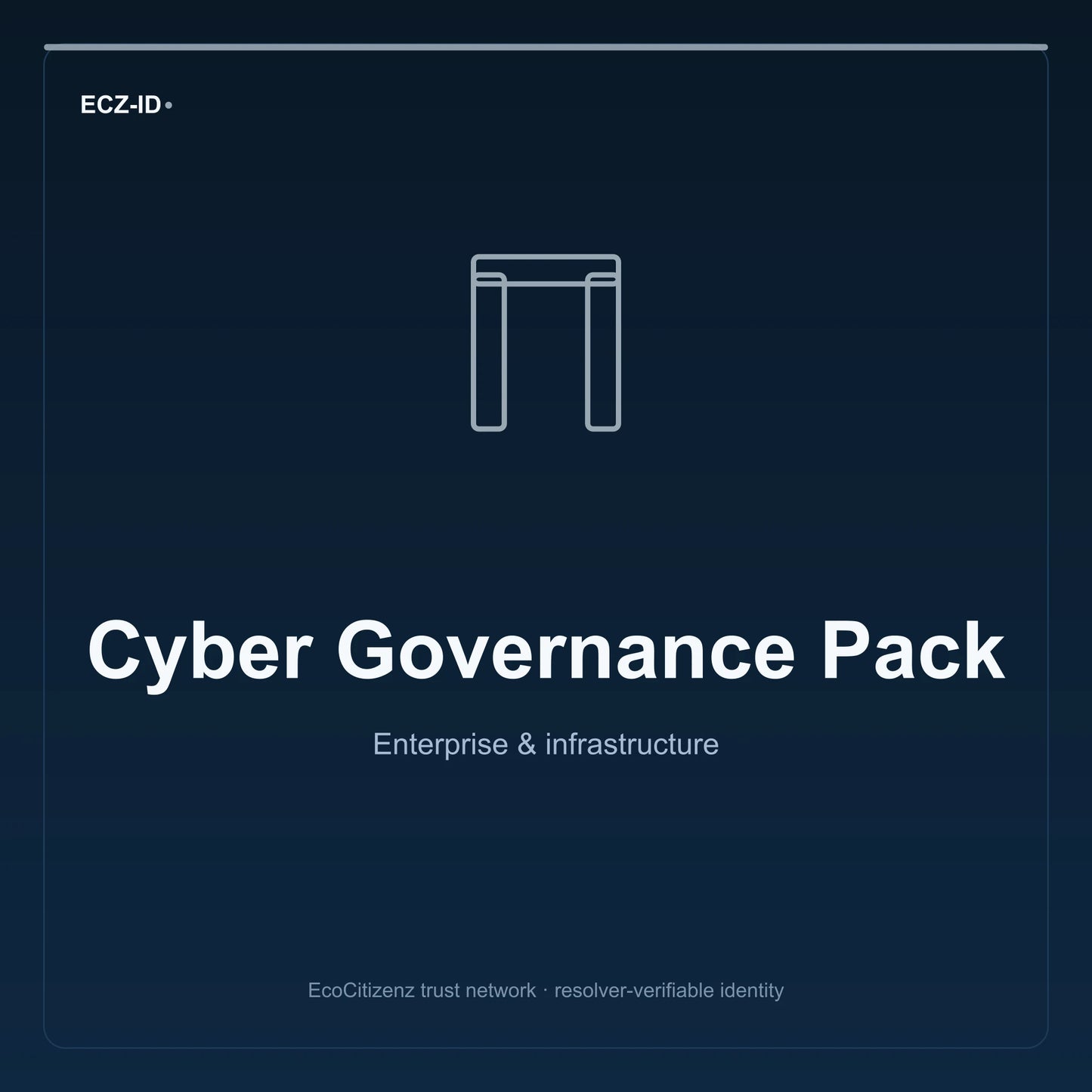 ECZ-ID product image for “Cyber Governance Pack” (SKU ECZ-BUNDLE-CYBER-GOVERNANCE). Enterprise & infrastructure. Shows the ECZ-ID wordmark and an abstract enterprise corridor family symbol on a dark EcoCitizenz background.