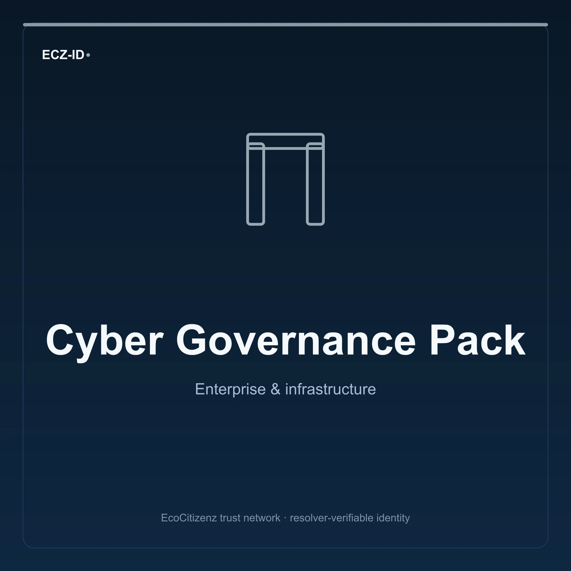 ECZ-ID product image for “Cyber Governance Pack” (SKU ECZ-BUNDLE-CYBER-GOVERNANCE). Enterprise & infrastructure. Shows the ECZ-ID wordmark and an abstract enterprise corridor family symbol on a dark EcoCitizenz background.