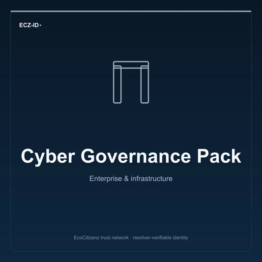 ECZ-ID product image for “Cyber Governance Pack” (SKU ECZ-BUNDLE-CYBER-GOVERNANCE). Enterprise & infrastructure. Shows the ECZ-ID wordmark and an abstract enterprise corridor family symbol on a dark EcoCitizenz background.