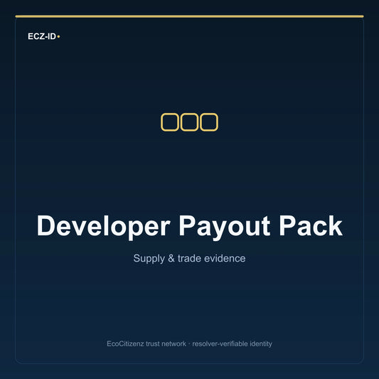 ECZ-ID product image for “Developer Payout Pack” (SKU ECZ-BUNDLE-DEVELOPER-PAYOUT). Supply & trade evidence. Shows the ECZ-ID wordmark and an abstract supply evidence family symbol on a dark EcoCitizenz background.