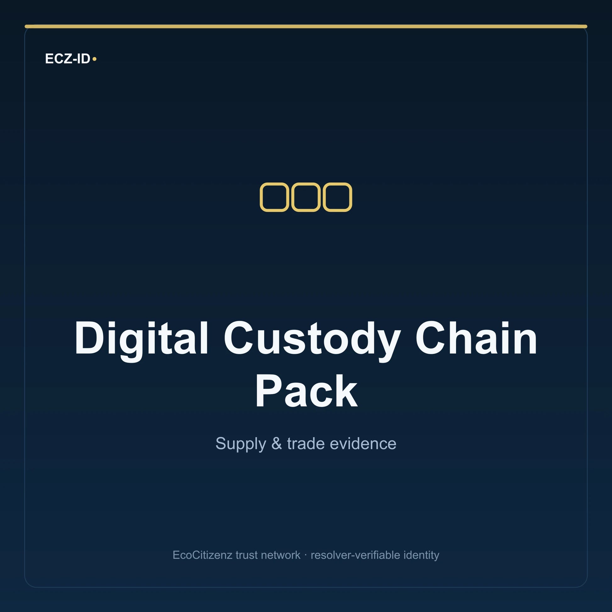 ECZ-ID product image for “Digital Custody Chain Pack” (SKU ECZ-BUNDLE-DIGITAL-CUSTODY). Supply & trade evidence. Shows the ECZ-ID wordmark and an abstract supply evidence family symbol on a dark EcoCitizenz background.