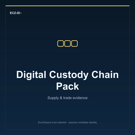 ECZ-ID product image for “Digital Custody Chain Pack” (SKU ECZ-BUNDLE-DIGITAL-CUSTODY). Supply & trade evidence. Shows the ECZ-ID wordmark and an abstract supply evidence family symbol on a dark EcoCitizenz background.