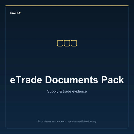 ECZ-ID product image for “eTrade Documents Pack” (SKU ECZ-BUNDLE-ETRADE-DOCUMENTS). Supply & trade evidence. Shows the ECZ-ID wordmark and an abstract supply evidence family symbol on a dark EcoCitizenz background.