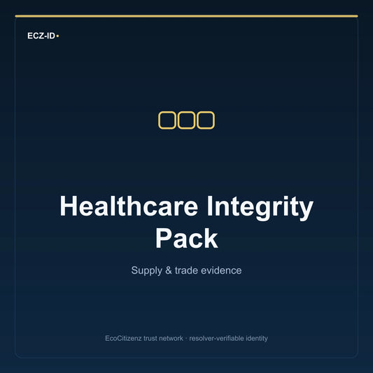 ECZ-ID product image for “Healthcare Integrity Pack” (SKU ECZ-BUNDLE-HEALTHCARE-INTEGRITY). Supply & trade evidence. Shows the ECZ-ID wordmark and an abstract supply evidence family symbol on a dark EcoCitizenz background.