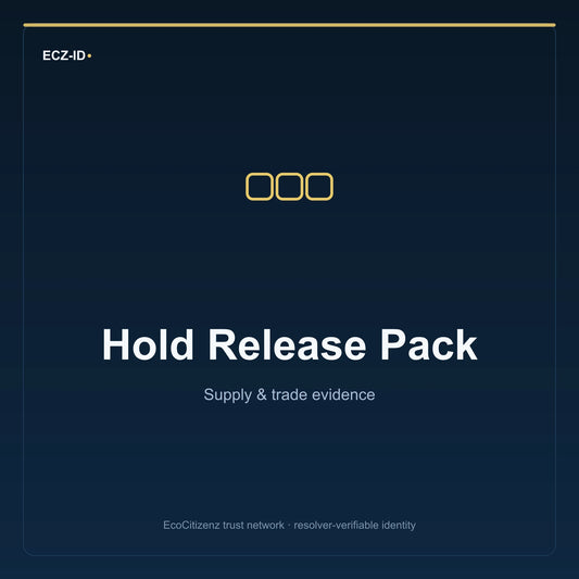 ECZ-ID product image for “Hold Release Pack” (SKU ECZ-BUNDLE-HOLD-RELEASE). Supply & trade evidence. Shows the ECZ-ID wordmark and an abstract supply evidence family symbol on a dark EcoCitizenz background.