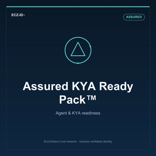 ECZ-ID product image for “Assured KYA Ready Pack™” (SKU ECZ-BUNDLE-KYA-ASSURED), Assured tier. Agent & KYA readiness. Shows the ECZ-ID wordmark and an abstract agent kya family symbol on a dark EcoCitizenz background.