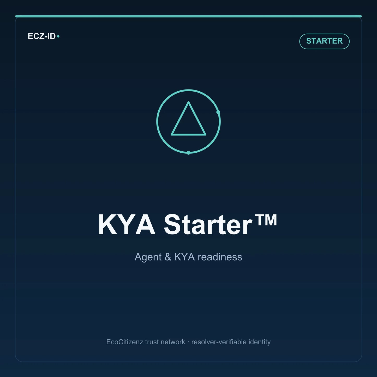 ECZ-ID product image for “KYA Starter™” (SKU ECZ-BUNDLE-KYA-STARTER), Starter tier. Agent & KYA readiness. Shows the ECZ-ID wordmark and an abstract agent kya family symbol on a dark EcoCitizenz background.